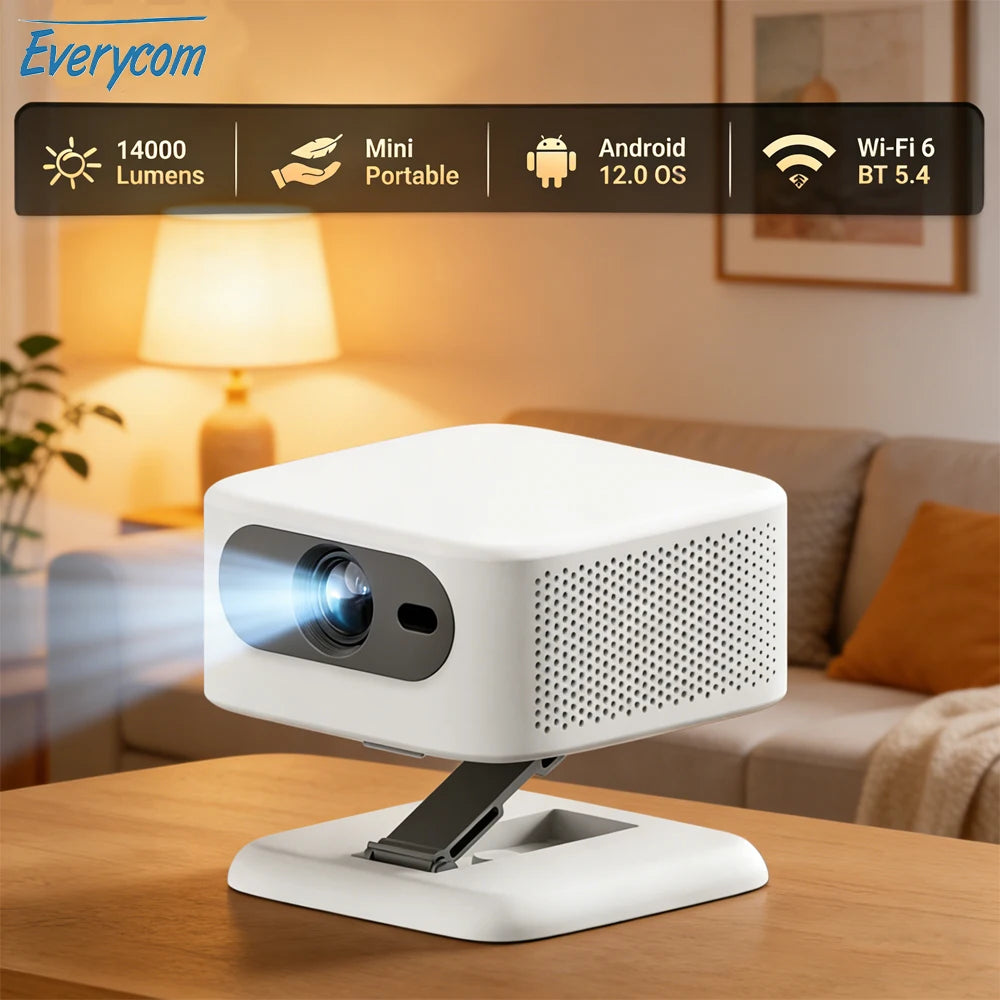 Mini Proyector Everycom SKY-R16 con Soporte, 14000 Lúmenes, Portátil, para Exteriores, Camping, Cine en Casa, Android 12, Smart LED Beam, PK HY320