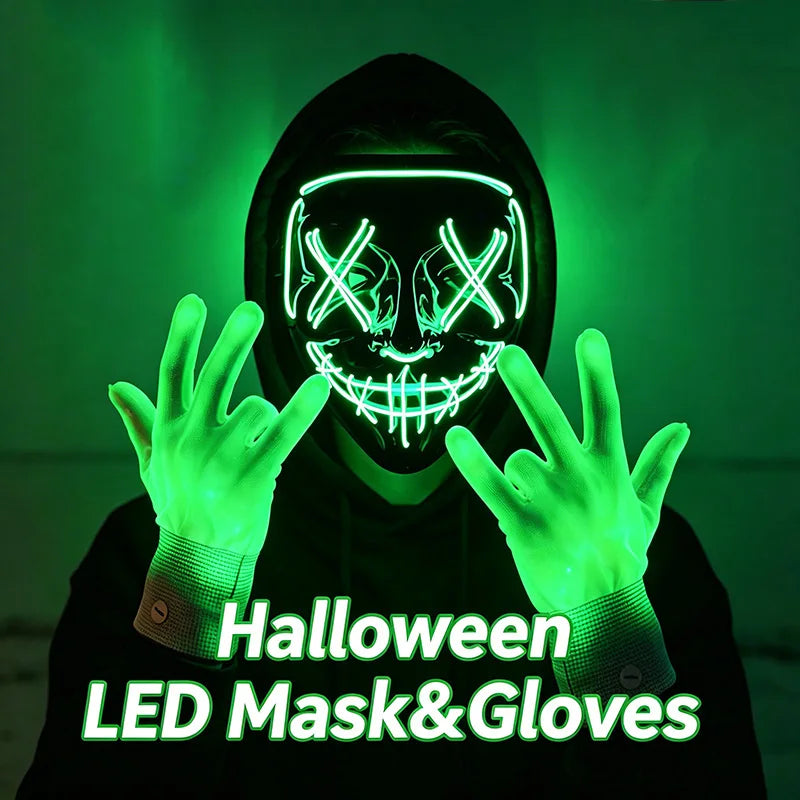 Máscara LED inalámbrica de neón y guantes de fibra óptica, máscara brillante en la oscuridad para Halloween, carnaval, cosplay, bar, fiesta de cumpleaños