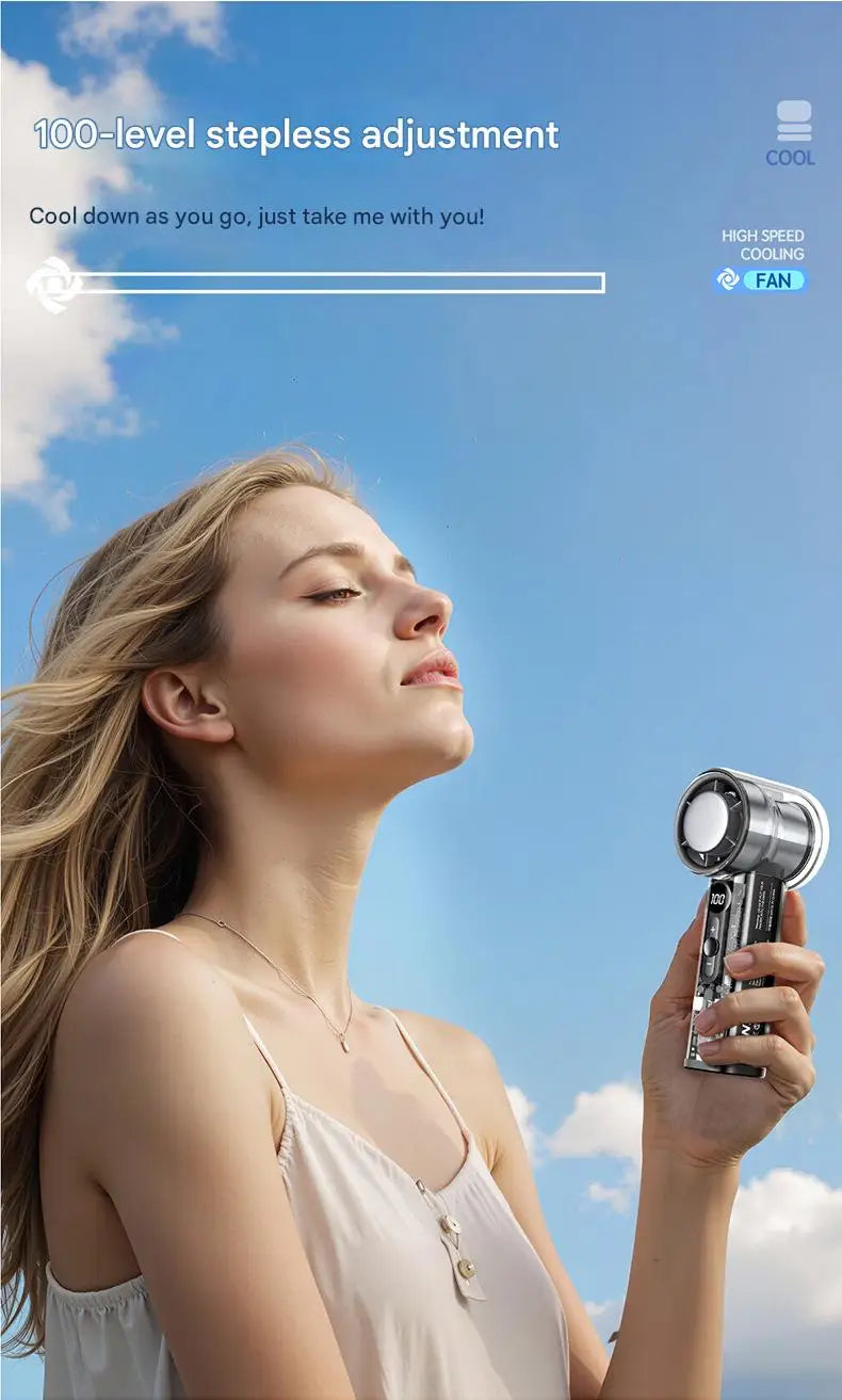 Ventilador de mano de alta velocidad, carga USB, pantalla digital inteligente, refrigeración, mecha transparente, ventilador pequeño turbo para exteriores
