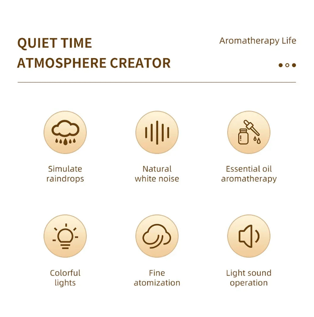 Nuevo humidificador de aire de gota de lluvia, humidificador de Aroma, luz de ambiente colorida, ruido blanco, música esencial, difusor de fragancia de aceite para el hogar
