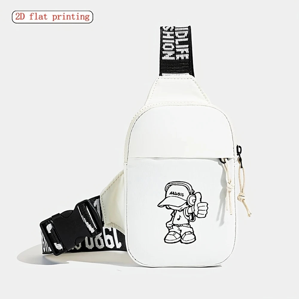Bolso de pecho a la moda para hombre, color sólido, con estampado 2D de Music Boy, adecuado para desplazamientos diarios, viajes al aire libre, bolso para móvil, bolso de cintura