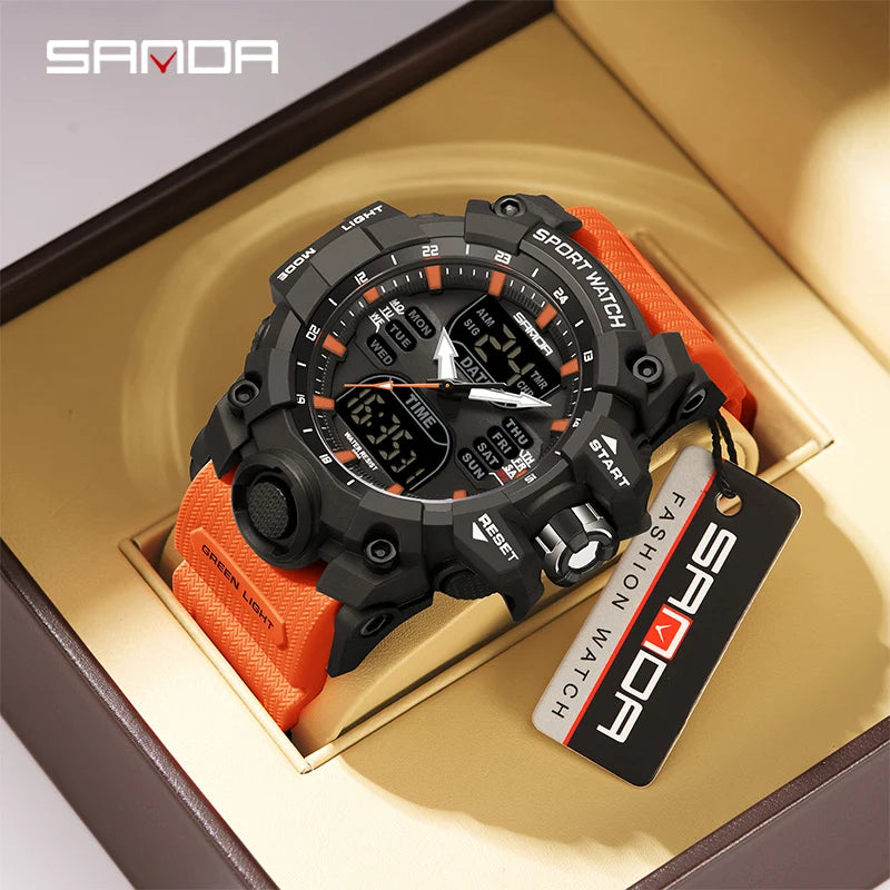 SANDA-reloj electrónico de lujo estilo G para hombre, cronógrafo Digital analógico LED para deportes al aire libre, pantalla Dual militar, resistente al agua hasta 50M