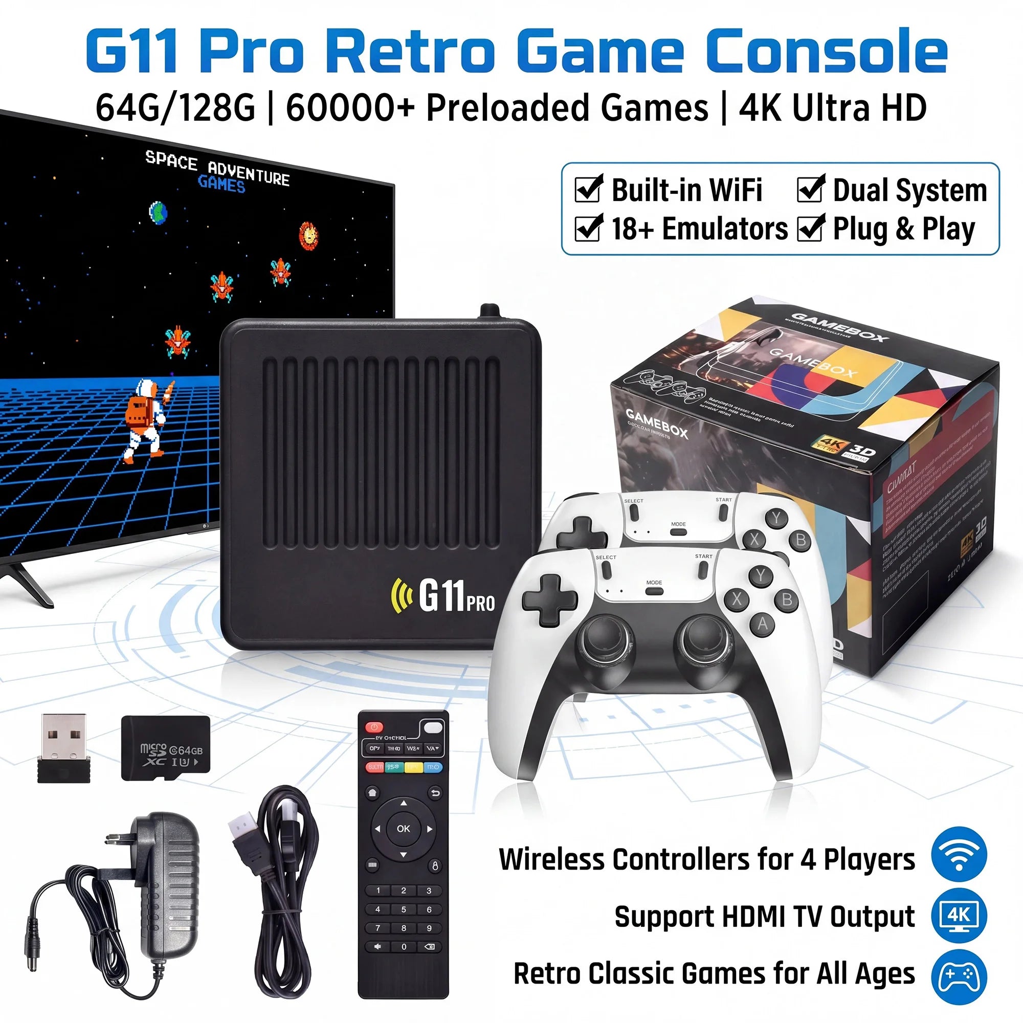 Reproductor multimedia y de juegos portátil G11 PRO 2 en 1 con pantalla 4K HD, chip de rendimiento estable, gran cantidad de juegos clásicos y casuales preinstalados y mandos inalámbricos; ideal para reuniones familiar