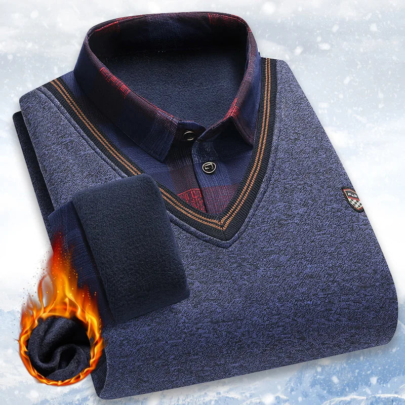 Suéter de felpa para hombre, jersey falso de dos piezas para otoño e invierno, Polo con cuello de lana, Top grueso y cálido, jerséis informales
