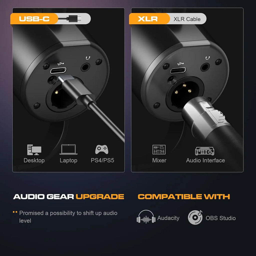 Micrófono Dinámico para Podcast, Micrófonos XLR/USB para Grabación en PC, para Transmisión, Podcast, Grabación, Juegos y Streaming, Micrófono de Estudio