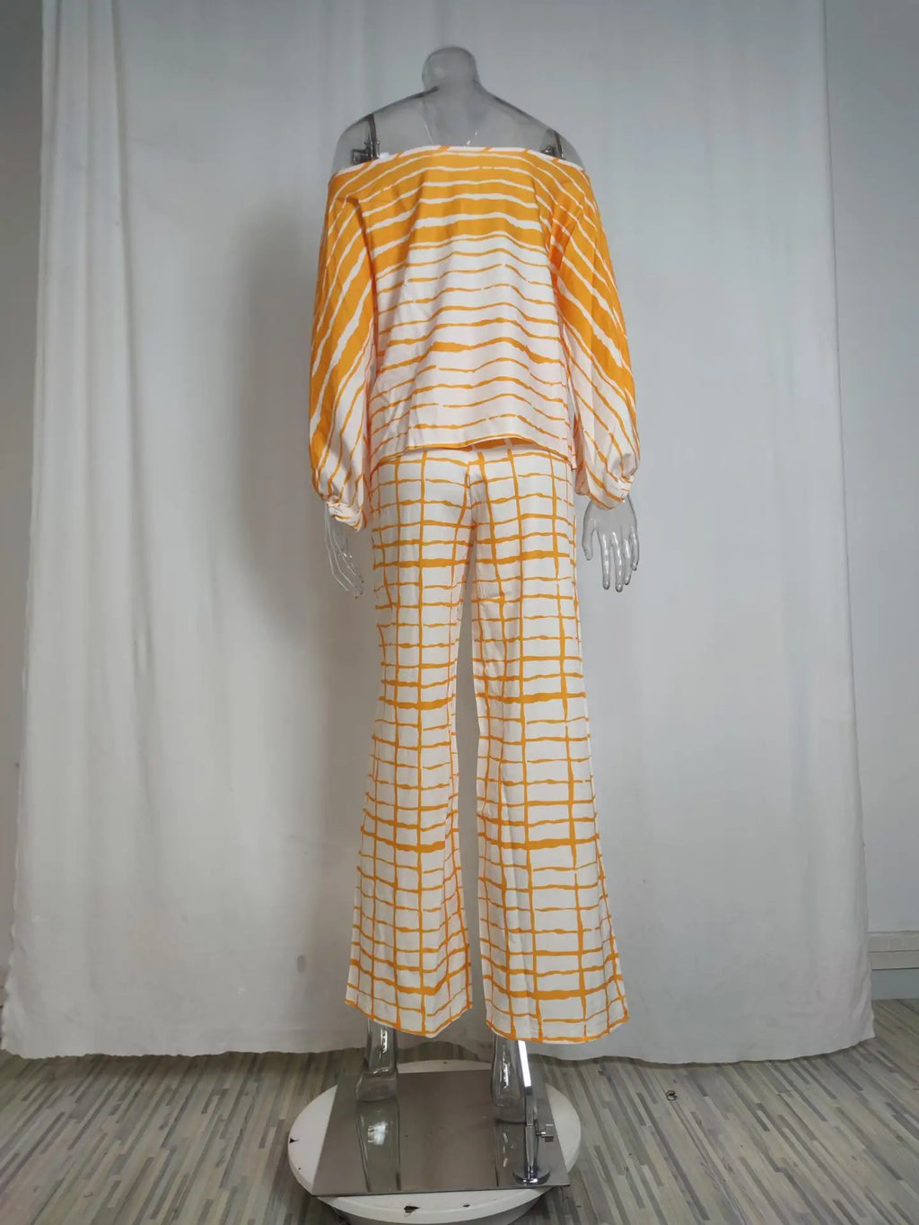Conjunto de satén estampado para mujer, blusa de manga larga con hombros descubiertos y manga acampanada, conjuntos de 2 piezas para oficina, nuevos trajes informales con pantalones de pierna ancha