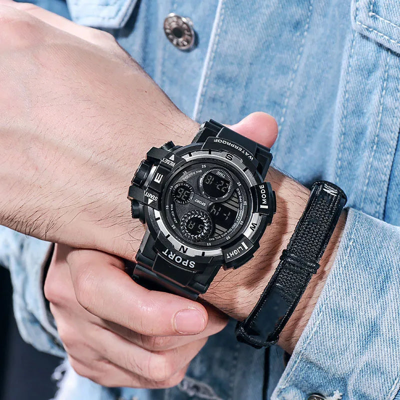 Reloj Digital negro YIKAZE para hombres, relojes deportivos, cronógrafo impermeable para exteriores, reloj de mano G, reloj de pulsera para estudiantes de choque de infantería