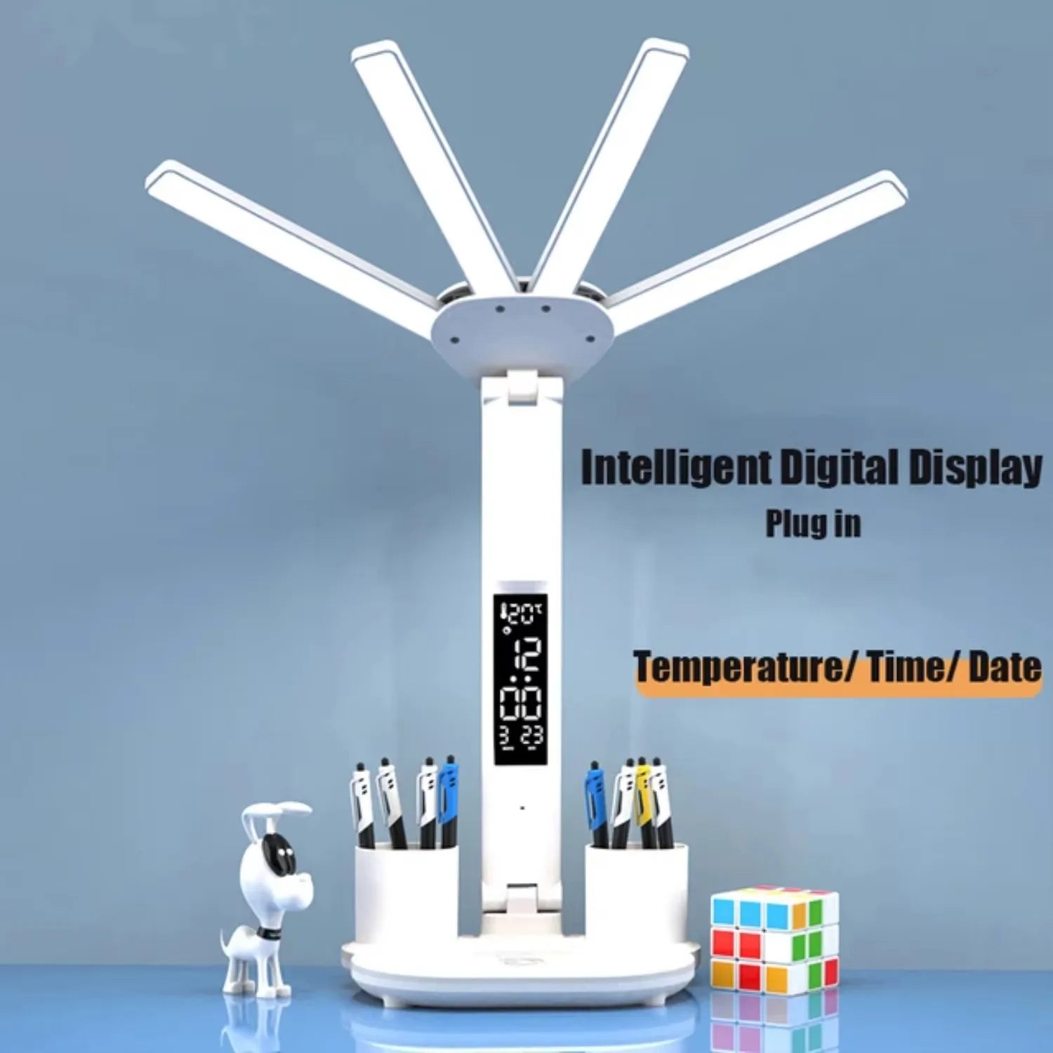 Lámpara de Mesa LED Multifunción con Ventilador Reloj y Carga USB Plegable