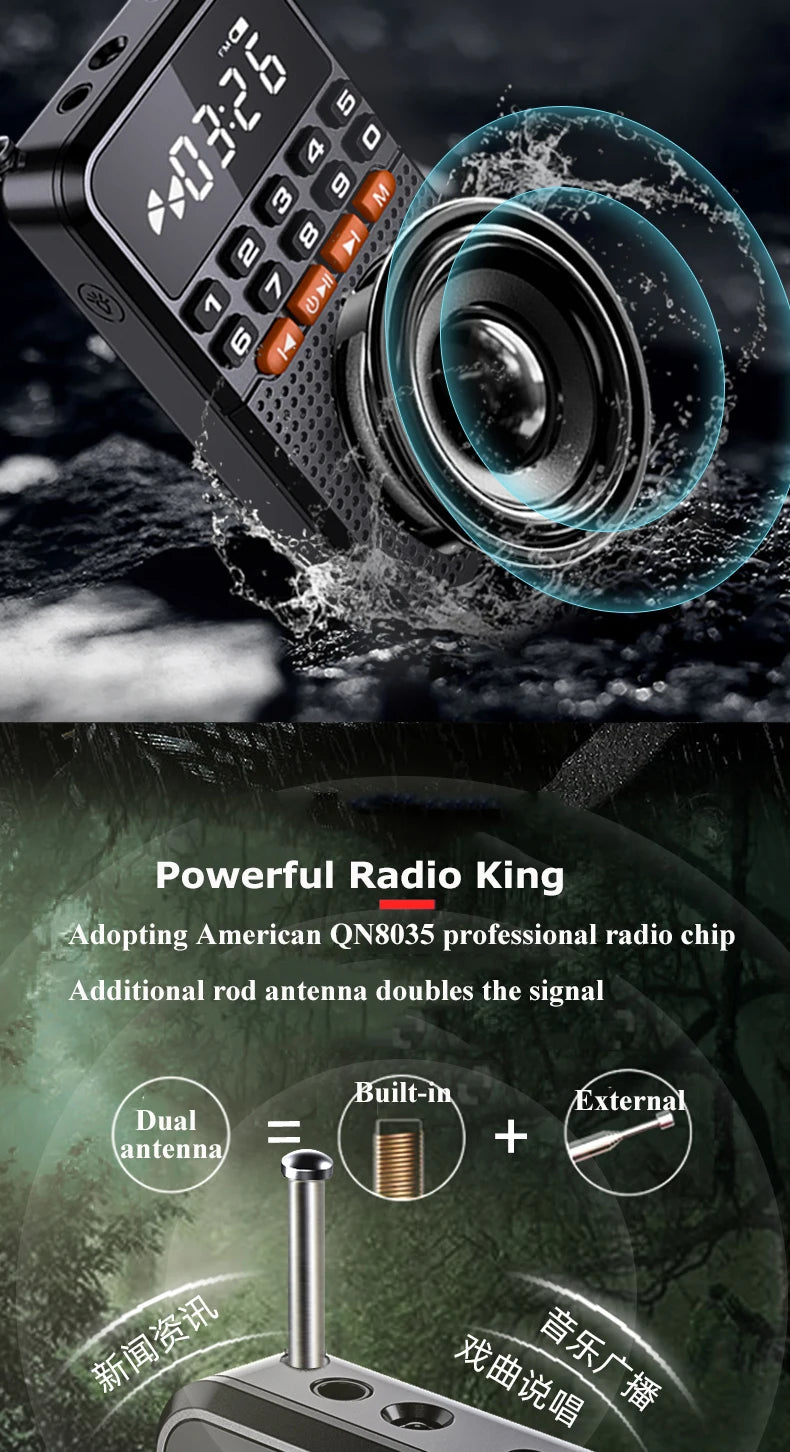 Mini Radio FM portátil Bluetooth 5.0 con tarjeta TF y linterna LED