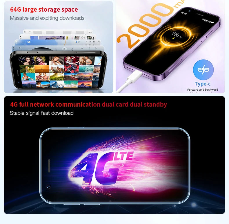 Mini Teléfono Inteligente ONEMYTH XS16 Azul de 3 Pulgadas |   4G Doble SIM Doble Modo de Espera |   Memoria de 3+64 GB |   Teléfono Pequeño con Reconocimiento Facial de Play Store