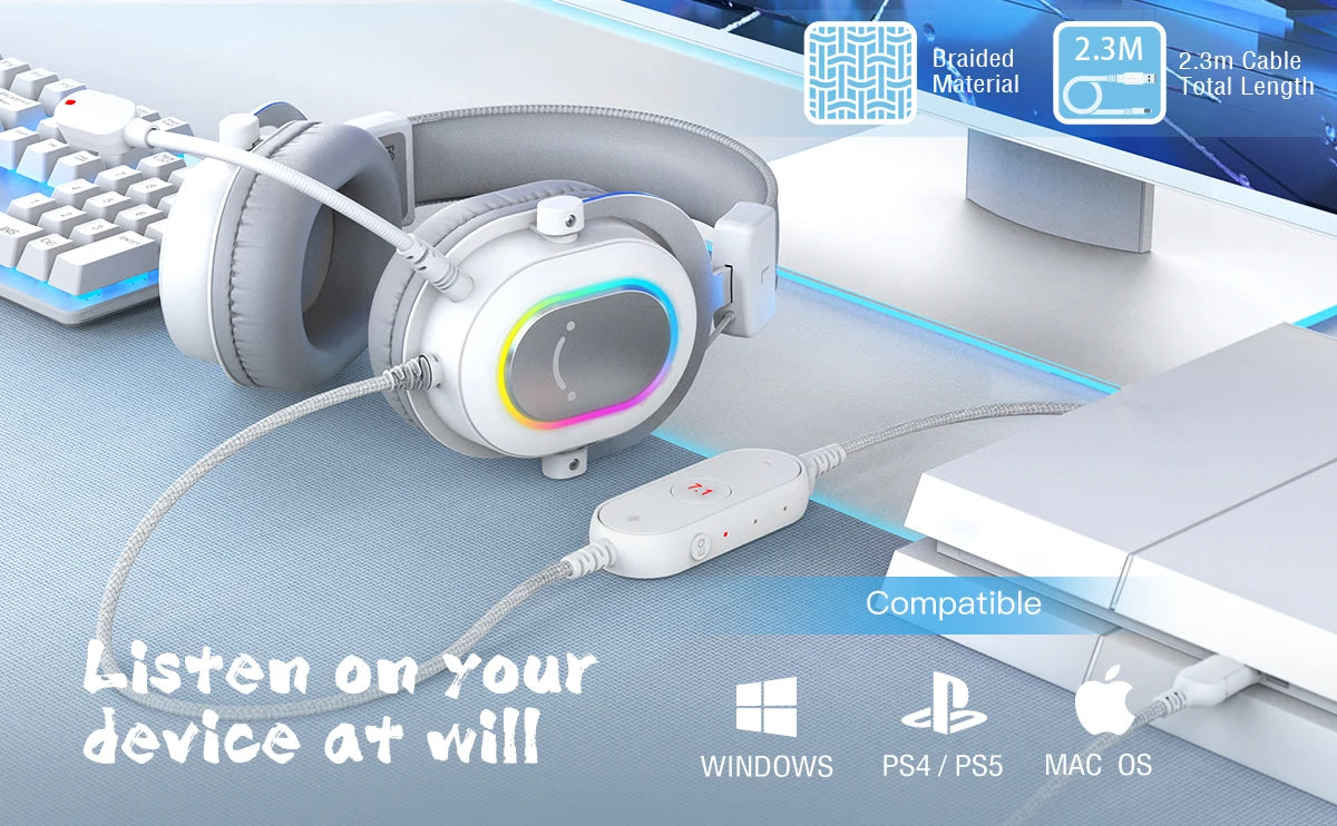 FIFINE RGB Auriculares para juegos con sonido envolvente 7,1/3-EQ/MIC, auriculares supraaurales con control en línea para PC PS4 PS5 Ampligame-H6W