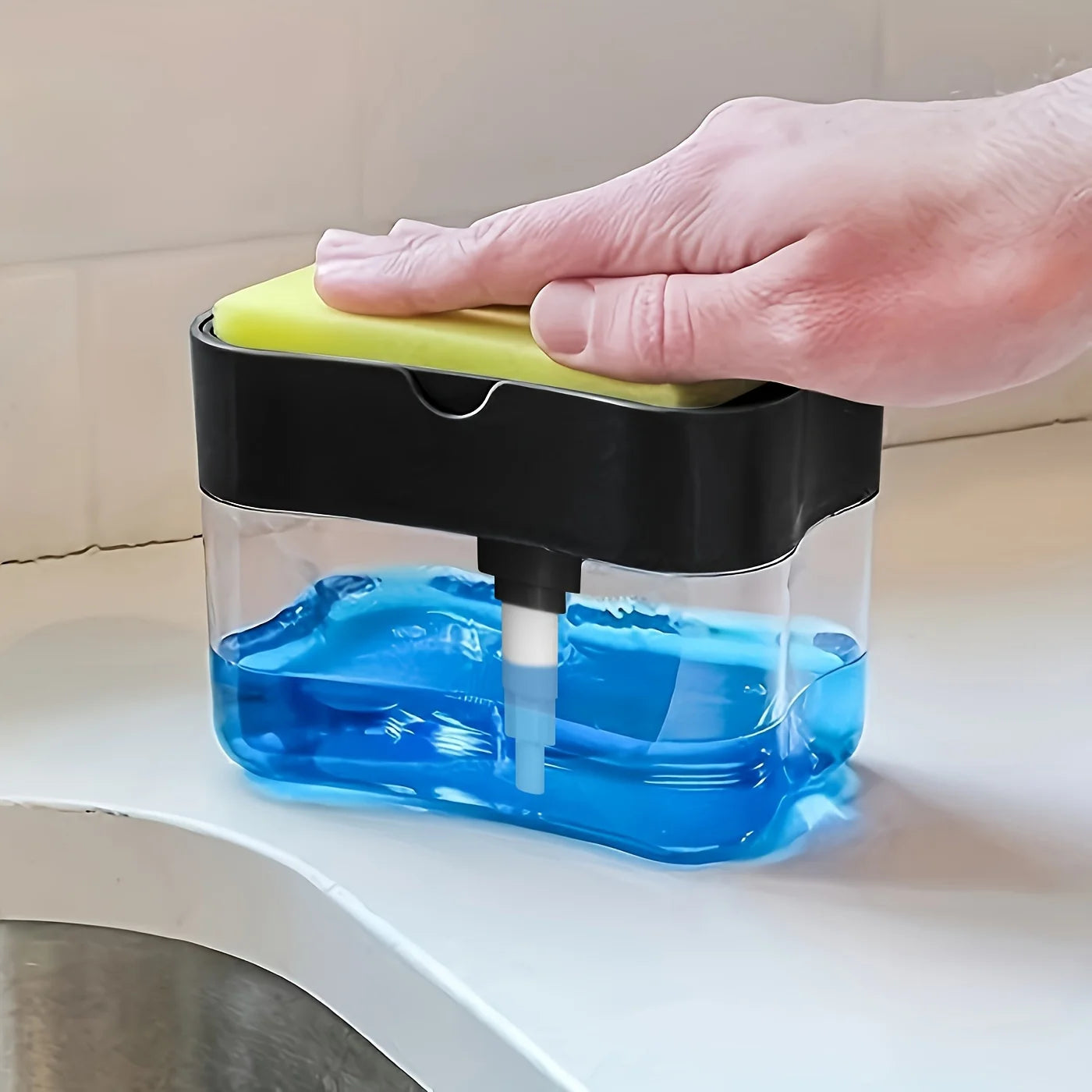 Dispensador de jabón para lavavajillas con estante de esponja, operación manual, prensa de líquido para lavavajillas, adecuado para fregadero de cocina