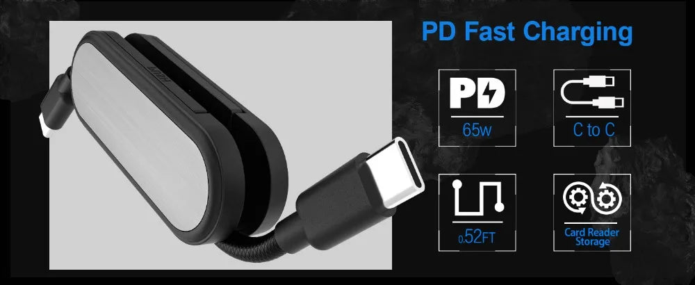 Cable USB-C a USB-C BUDI 65W con Almacenamiento de Tarjetas