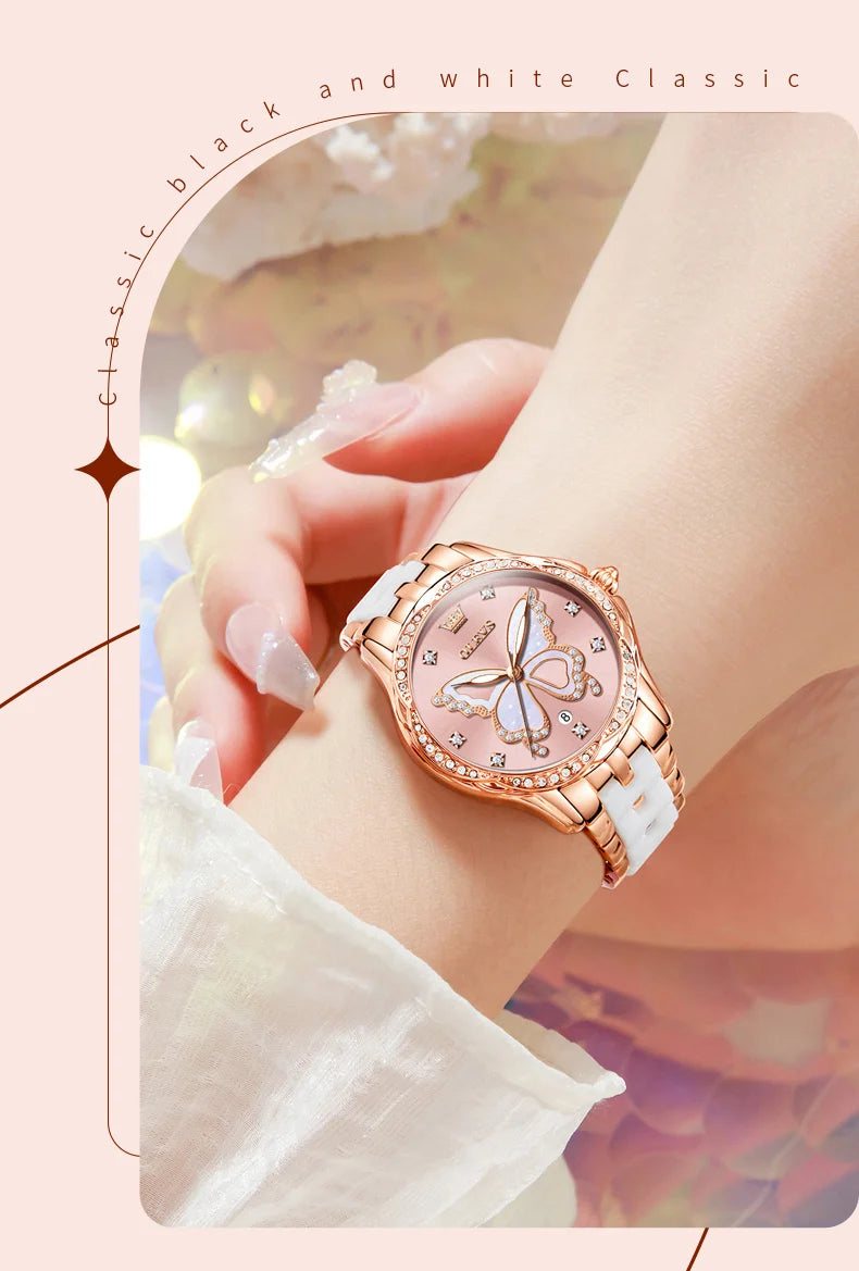 Reloj de Cuarzo OLEVS para Mujer, Correa de Cerámica, Diseño Mariposa