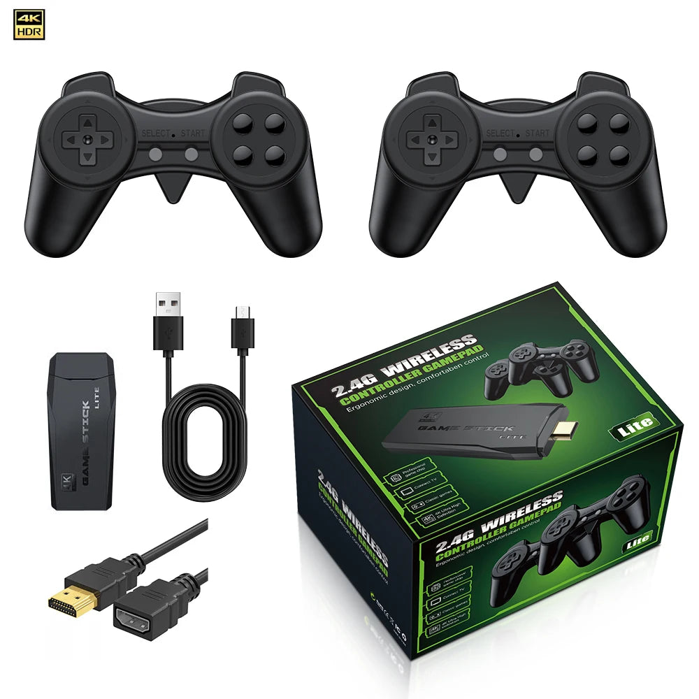 Consola de Videojuegos Retro 4K HD Game Stick Lite con Dos Controles Inalámbricos 2.4G, Plug & Play, con Juegos Clásicos Integrados