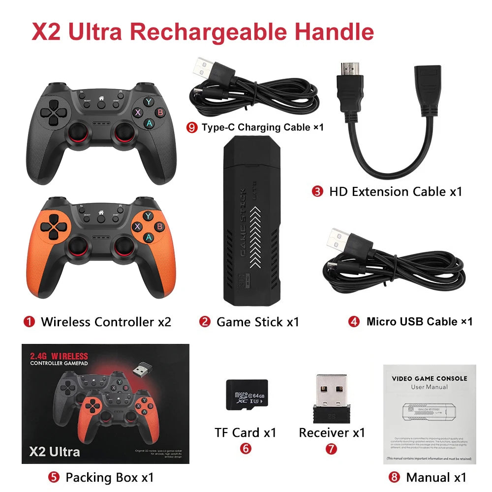 Consola de Juegos Portátil X2 Ultra Pro Retro con 64GB/128GB, Video 4K, Control Inalámbrico, Compatible con Formatos de Juego FC y GBC