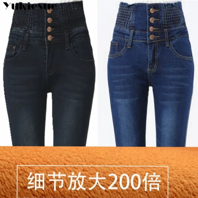 Pantalones Vaqueros Cálidos de Lana para Mujer, Cintura Alta con Forro de Terciopelo