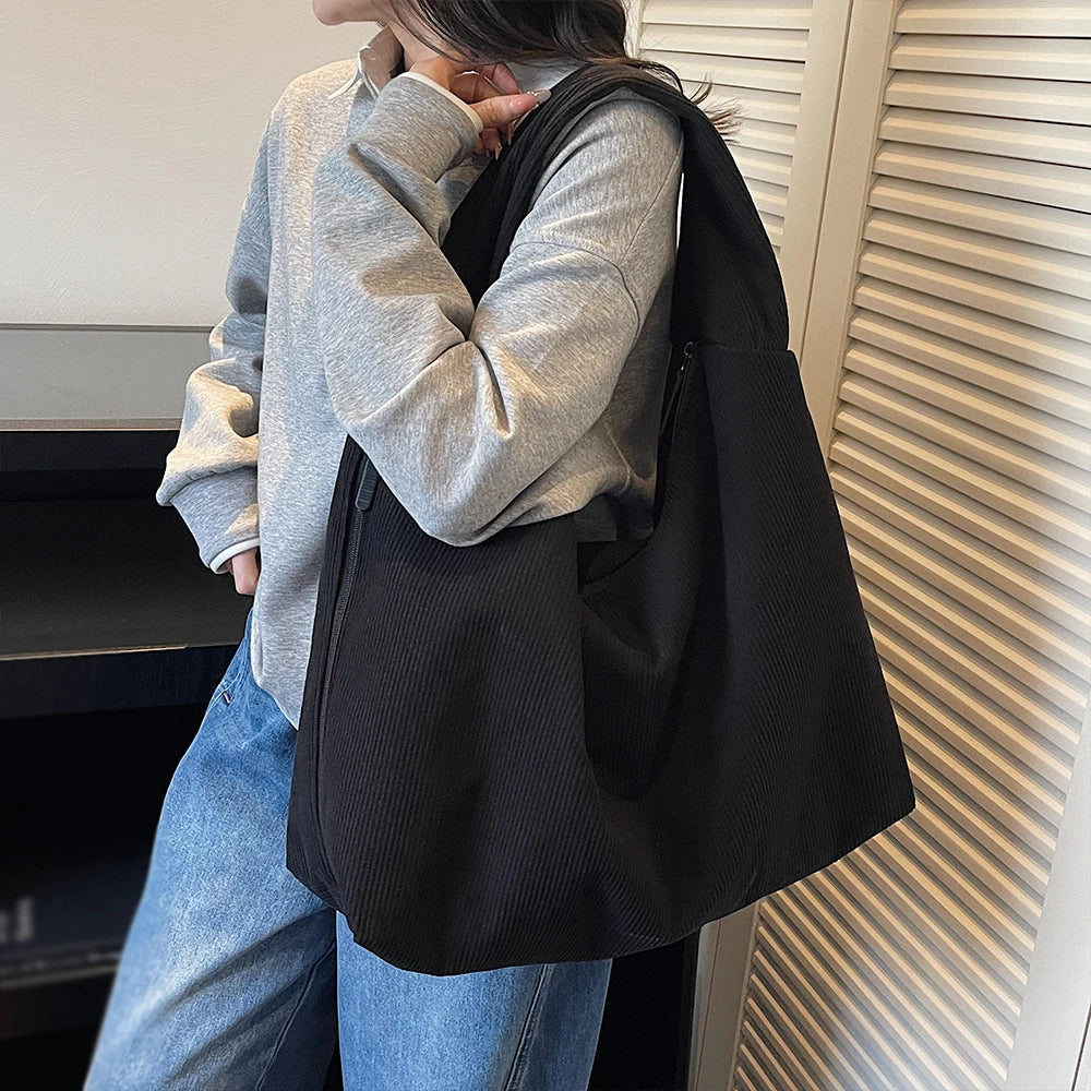 Bolso de Hombro Vintage de Pana, Gran Capacidad con Múltiples Bolsillos
