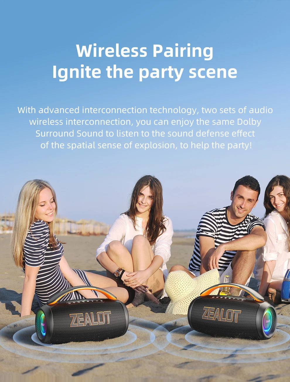 Altavoz Zealot-P12 Altavoz Bluetooth portátil de 60 W con IPX6 resistente al agua, mango cómodo, iluminación controlable, TF, USB