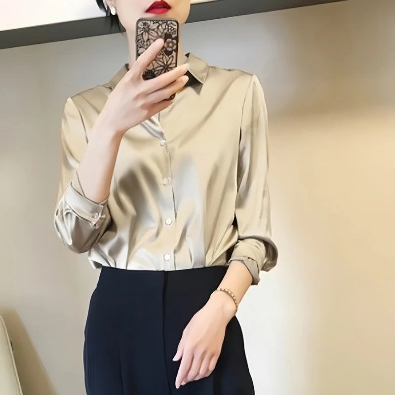 Camisa Satinada de Manga Larga para Mujer, Estilo Elegante