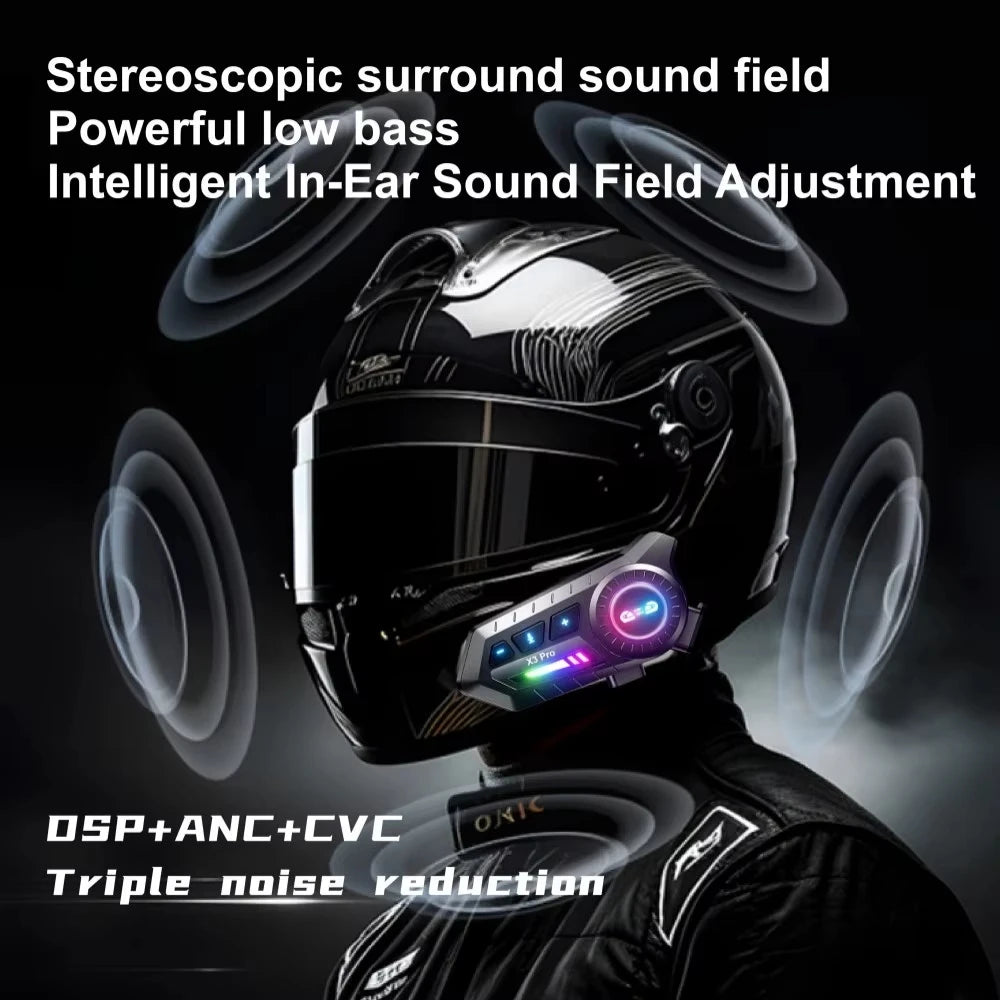 Auriculares Bluetooth para Casco de Motocicleta X3 Pro, Intercomunicador para 2 Motociclistas, 1000M, BT6.0, IPX6, Resistente al Agua, Asistente de Voz, Reducción de Ruido, Radio FM