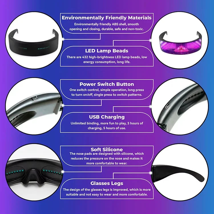 Gafas LED con luz brillante, pantalla programable con aplicación Bluetooth, gafas luminosas Rgb para fiesta, cumpleaños, Halloween
