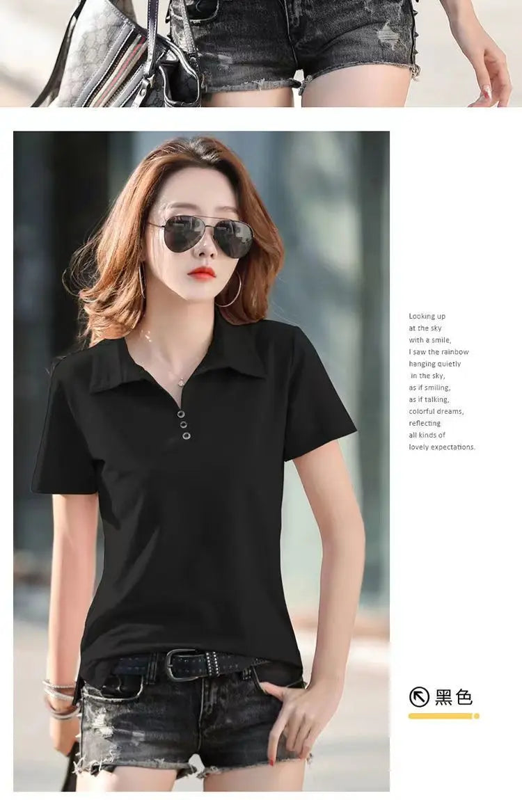 Camiseta Polo Femenina Estilo Coreano de Primavera
