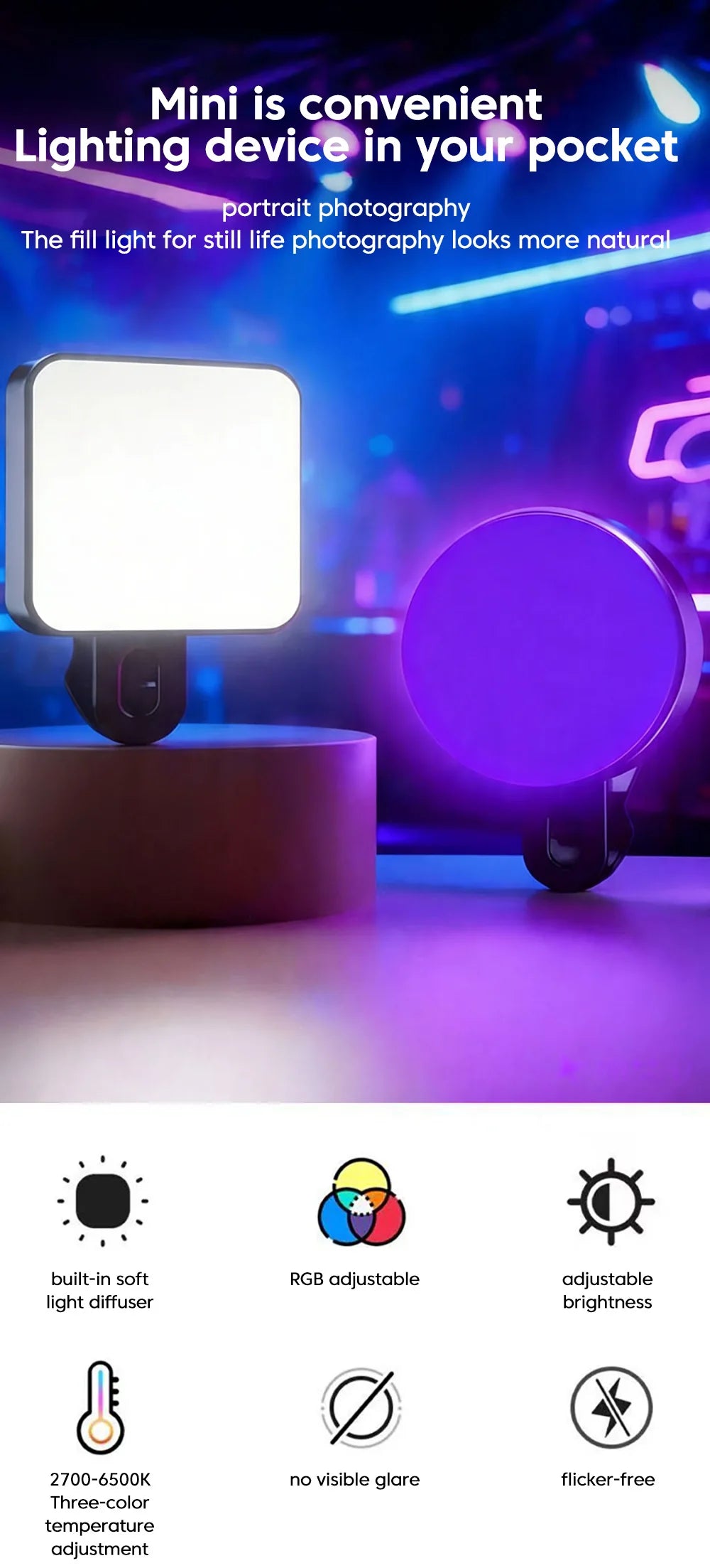 Mini Lámpara LED Portátil con Clip para Selfies, Recargable, 3 Modos, Brillo Ajustable, Apta para Teléfonos Móviles y Computadoras