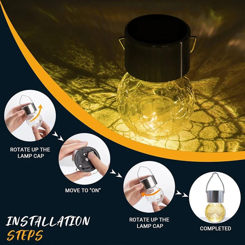 Lámpara LED Solar Colgante para Decoración de Jardín, Vidrio Agrietado, Impermeable para Exteriores