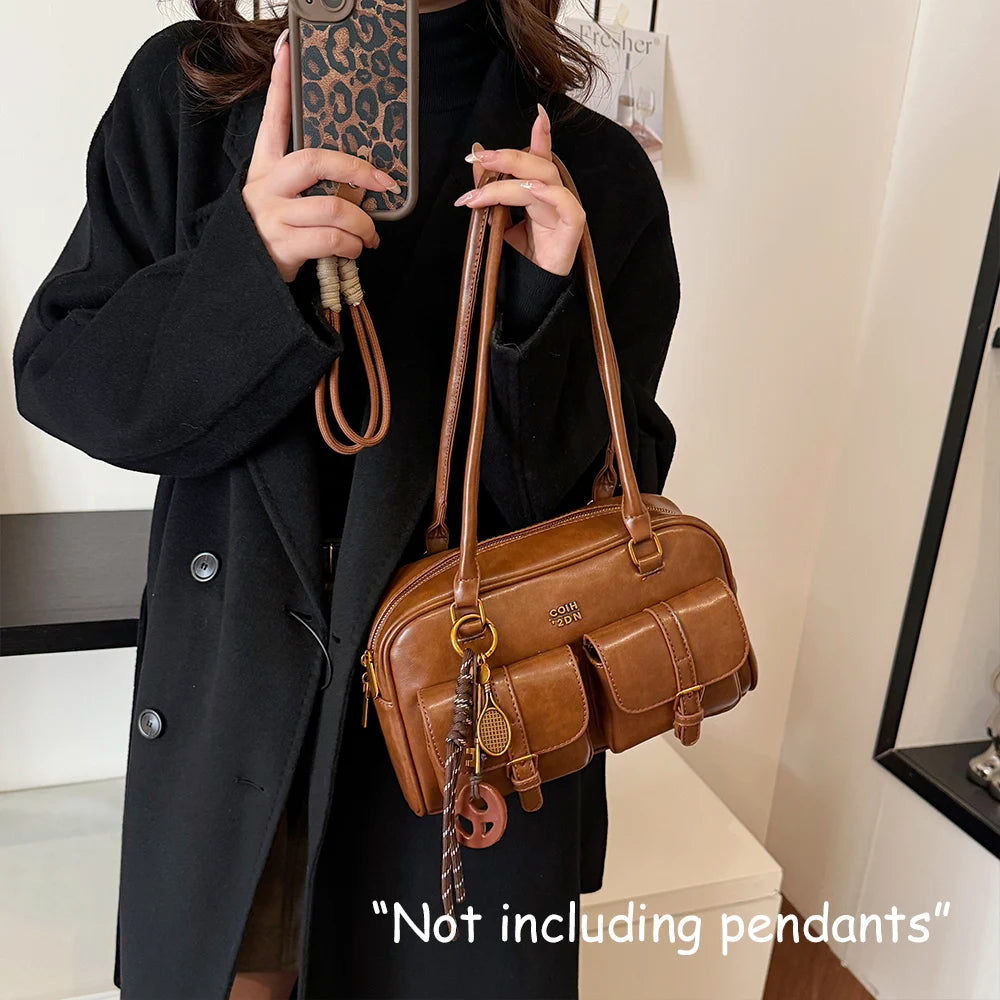Bolso de Hombro Cuero PU Retro para Mujer, Gran Capacidad y Múltiples Bolsillos
