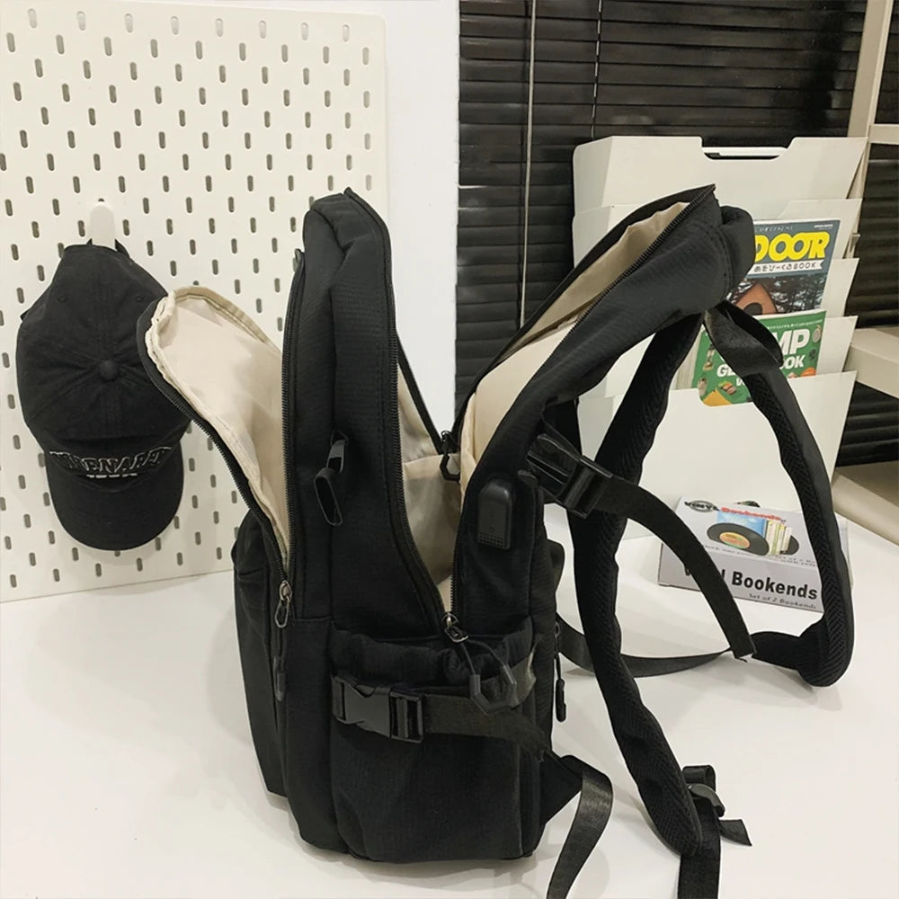Mochila informal de nailon con múltiples bolsillos, mochila de gran capacidad con puerto de carga USB, bolso duradero para la escuela y el trabajo