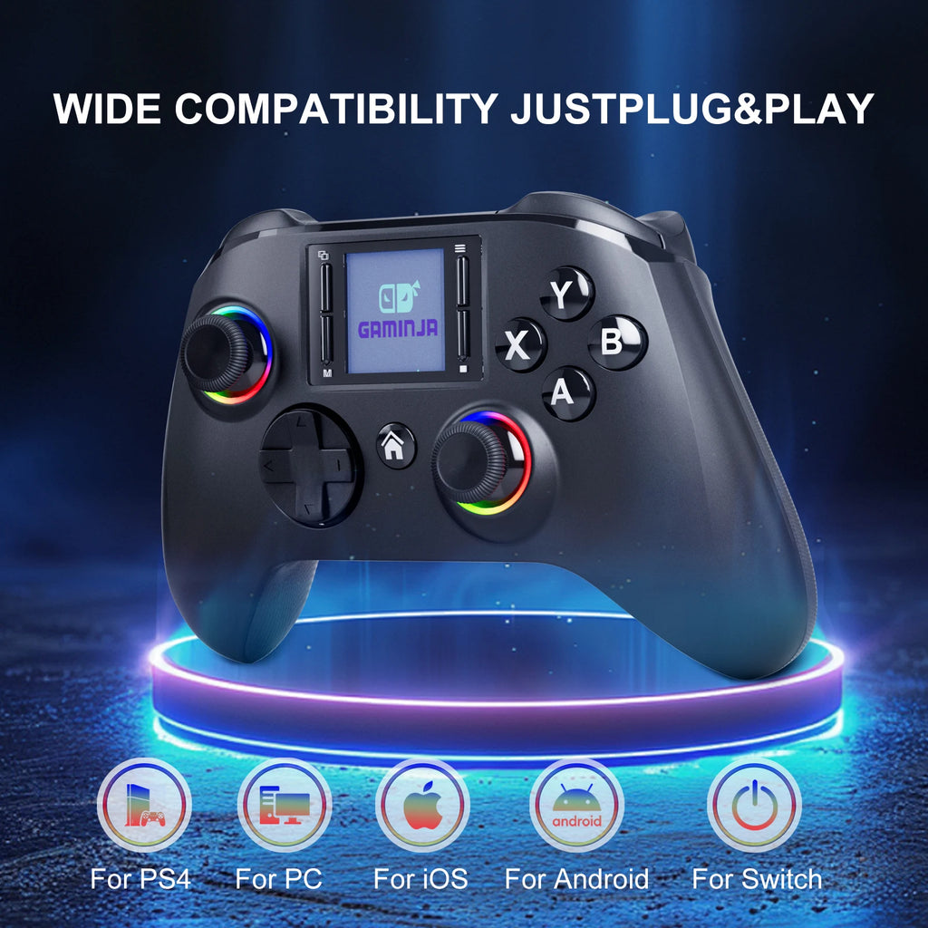 GAMINJA 6162 controlador inalámbrico de pantalla inteligente de 1,44 pulgadas para Switch P4 iOS Android PC TV doble Hall Joystick calibración luz RGB