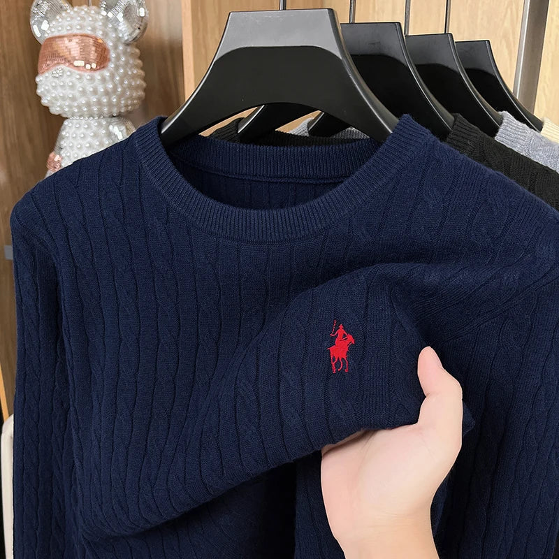 Buzo de Punto Bordado para Hombre - Cuello Redondo, Tejido Grueso Otoño Invierno