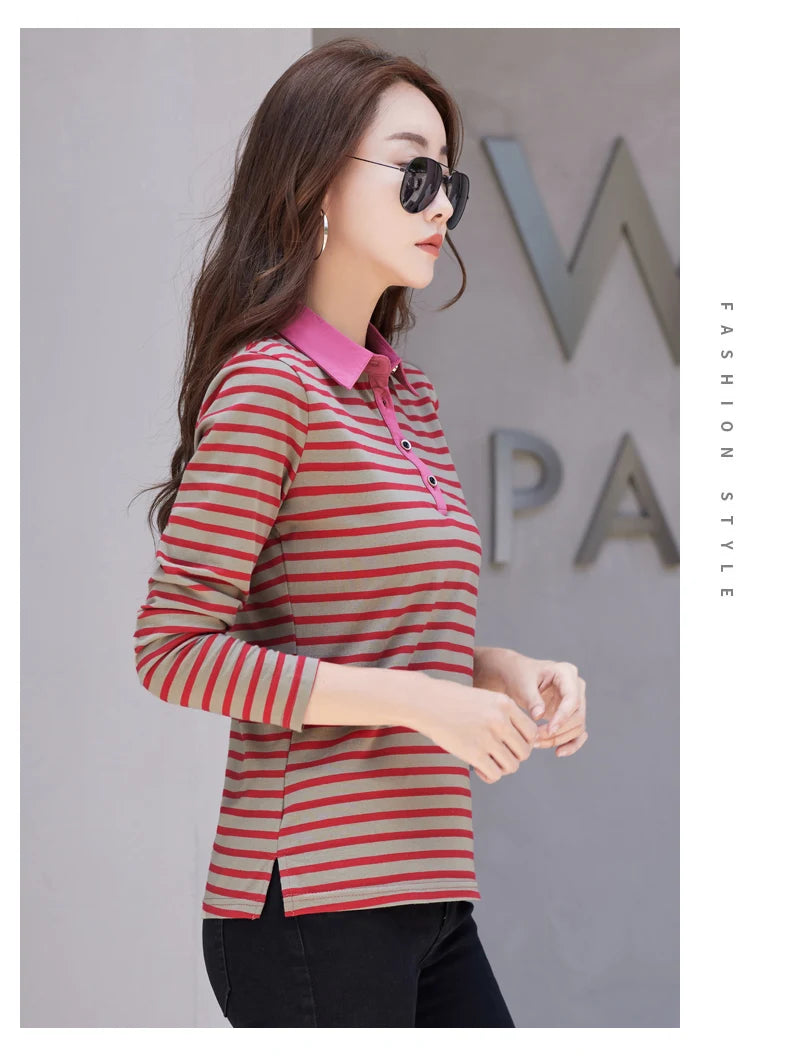 Polo de Algodón de Manga Larga a Rayas para Mujer