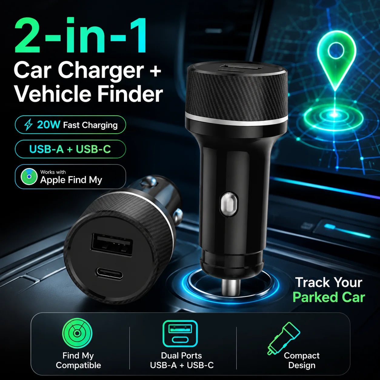 Localizador GPS Mini para Coche, Cargador USB Tipo-C, Apple Find My