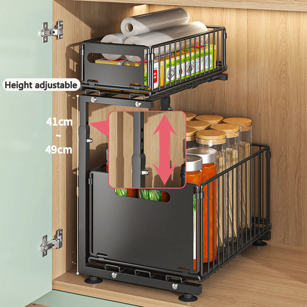 Organizador de gabinete extraíble de 2 niveles, estante de almacenamiento de cocina ajustable, organizador debajo del fregadero, estante de almacenamiento para tarros de especias, cajón deslizante