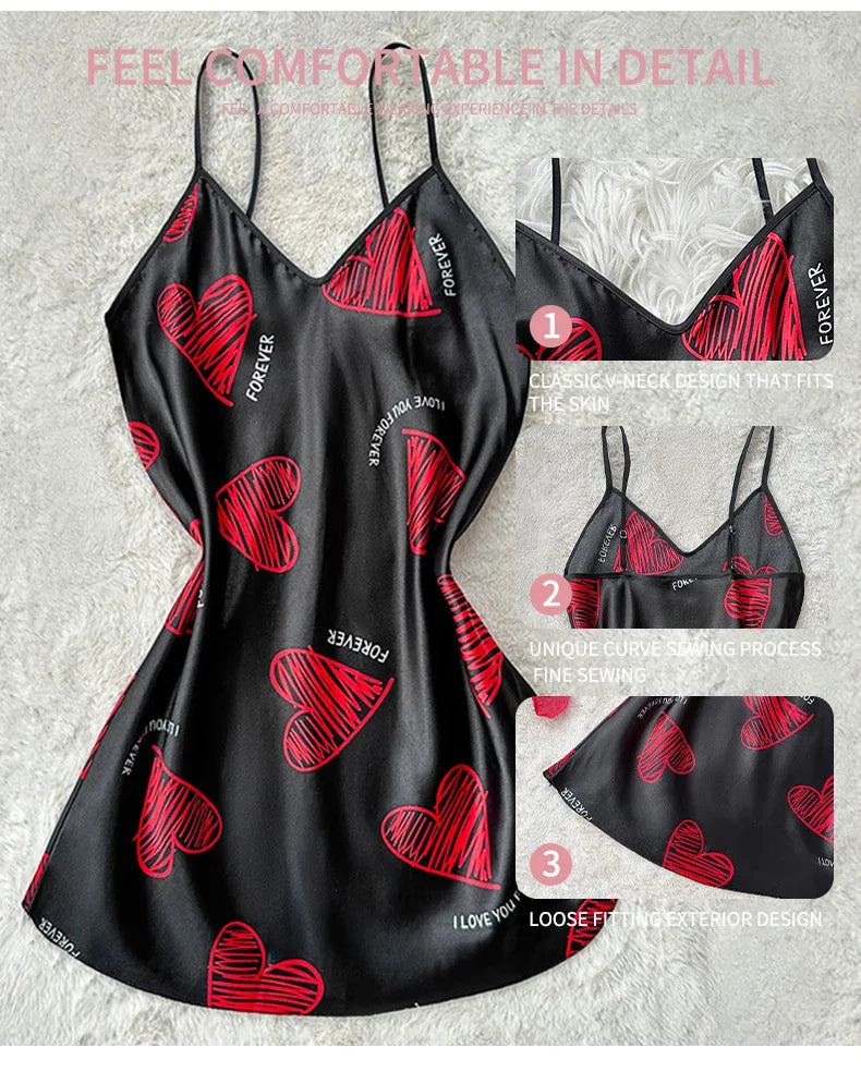 Camisón de Satén con Estampado de Labios | Mini Vestido de Dormir