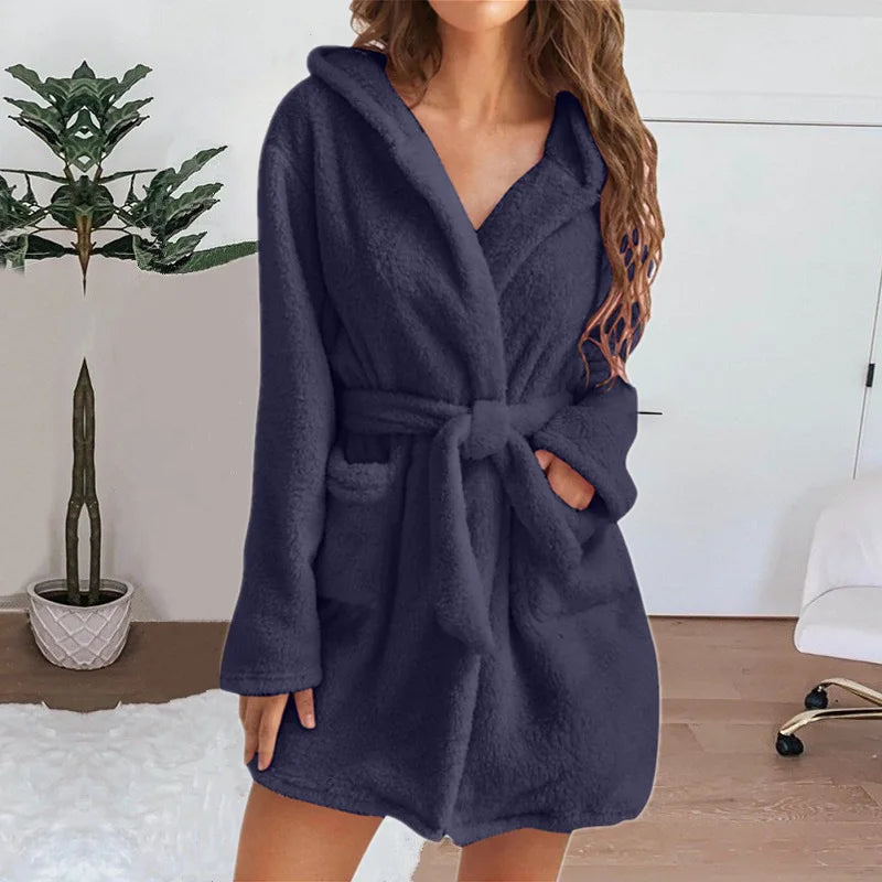 Otoño Invierno mujer bata de baño Sexy pijamas de felpa esponjosos señoras con capucha vestido de Color sólido Albornoz cálido ropa de descanso femenina