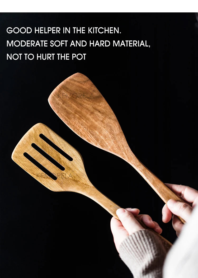9 cucharas de madera para cocinar, utensilios de madera para cocinar con soporte para utensilios, juego de utensilios de cocina de madera de teca