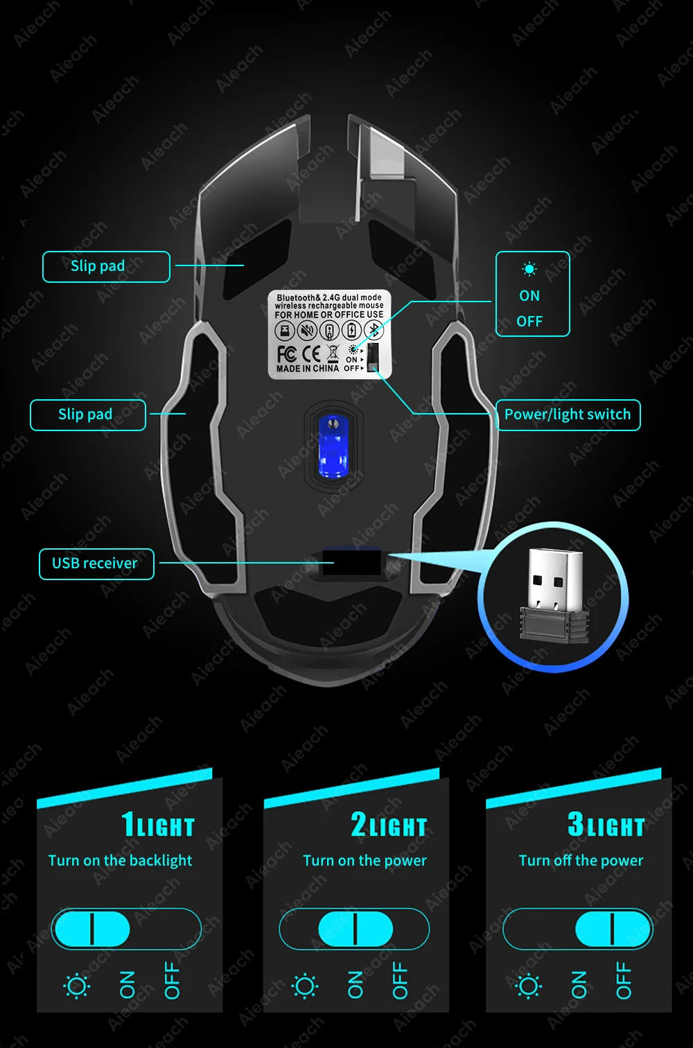 Ratón inalámbrico recargable para videojuegos, Mouse silencioso con Bluetooth, USB, mecánico, retroiluminación para deportes electrónicos, PC, Gamer