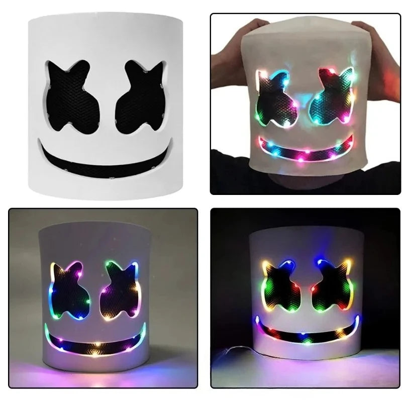 Máscara iluminada de Halloween, cara completa, LED, máscara de malvavisco de neón, tocado luminoso, accesorios para festivales de música DJ, máscara de fiesta Rave Cosplay