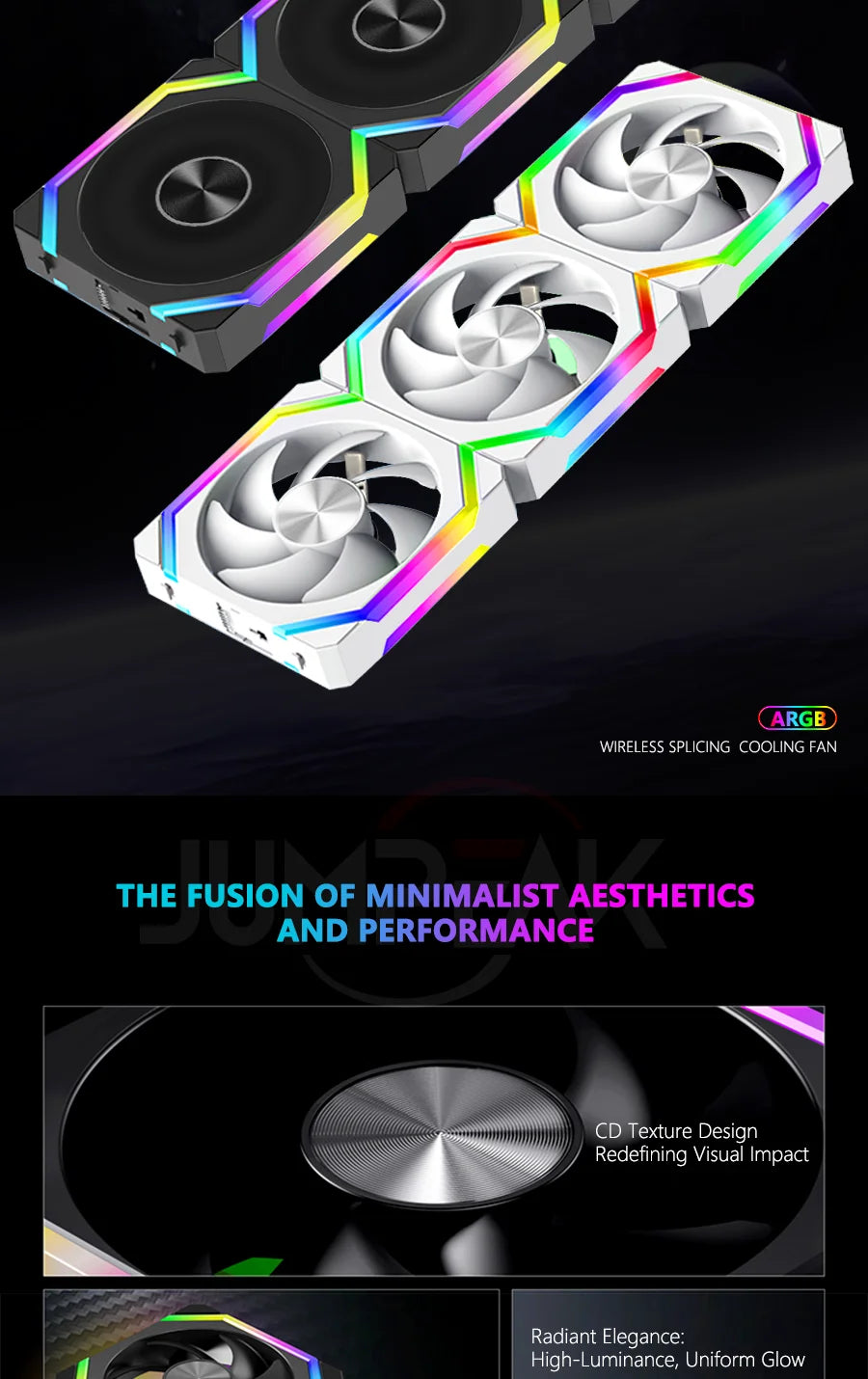 JUMPEAK CS120 ARGB ventilador de refrigeración 360mm 240mm Modular apilable empalme PWM silencioso 120mm RGB ventiladores para juegos PC caja enfriador de agua