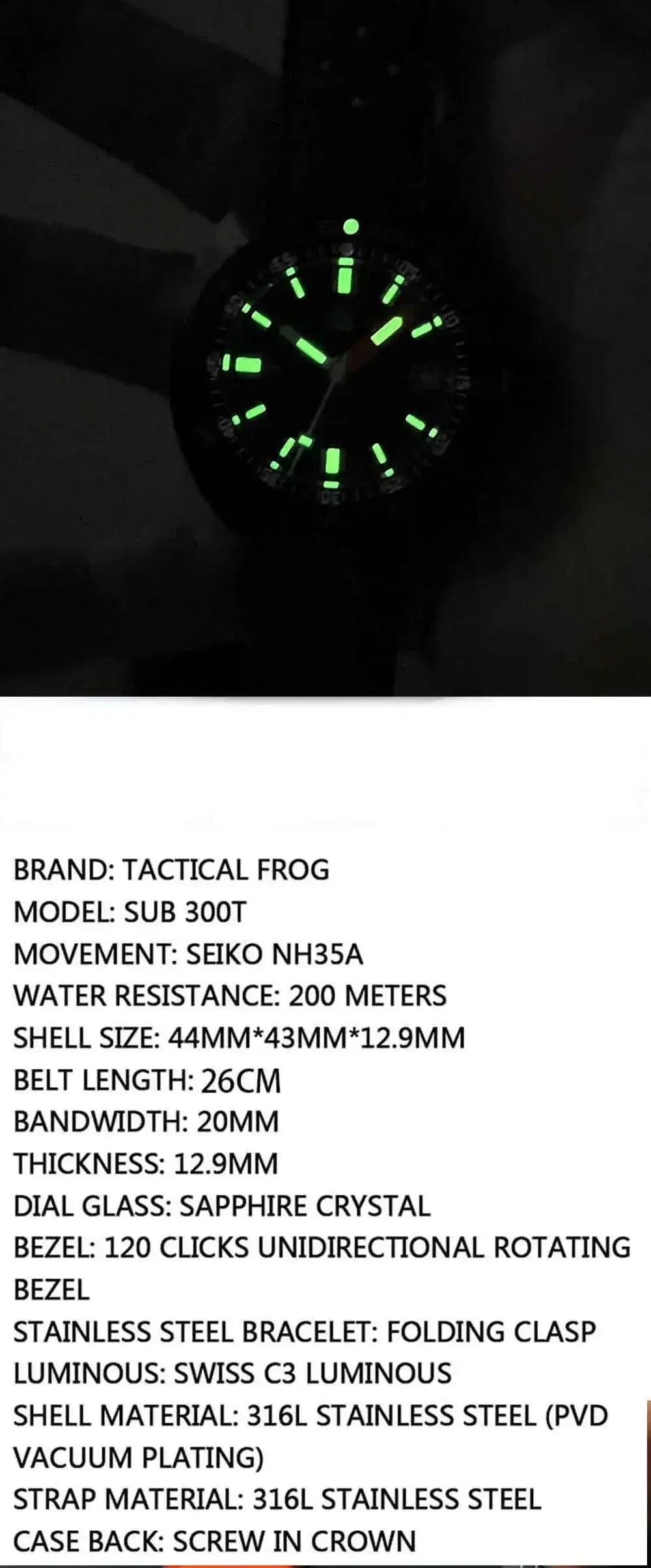 Reloj Mecánico Táctico Frog SUB 300T Diver para Hombre, Zafiro PVD