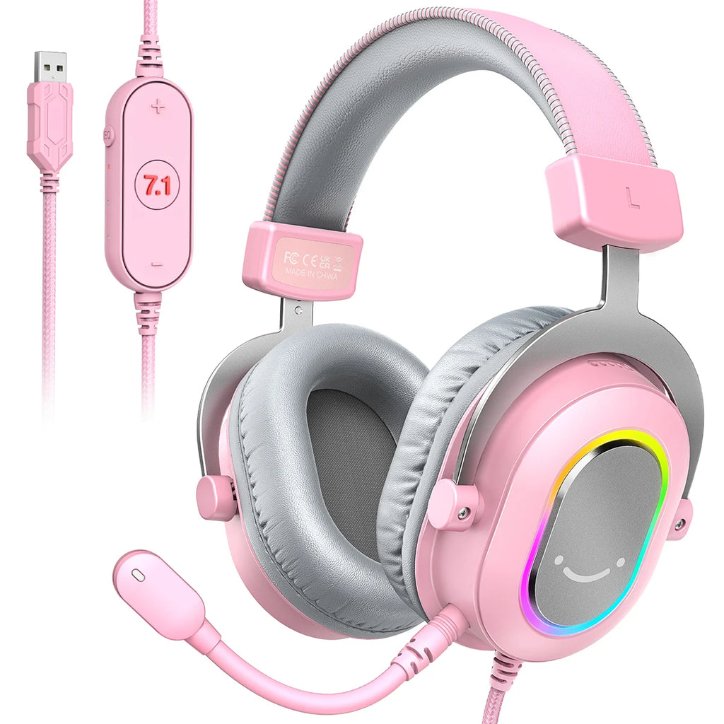 FIFINE RGB Auriculares para juegos con sonido envolvente 7,1/3-EQ/MIC, auriculares supraaurales con control en línea para PC PS4 PS5 Ampligame-H6W