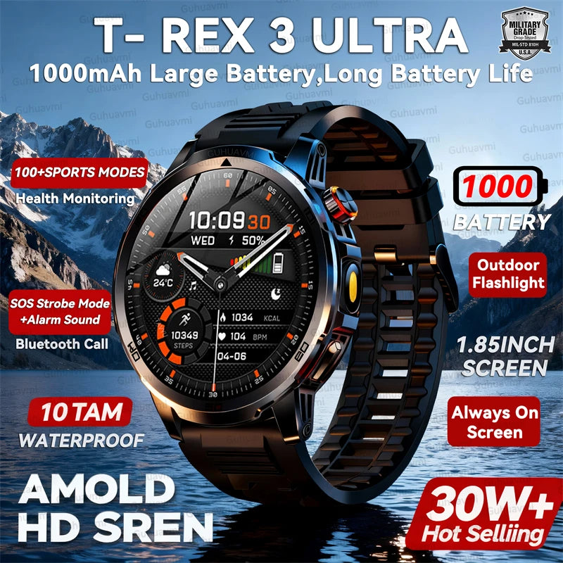 2026 militar t-rex 3 reloj inteligente reloj de Fitness hombres 466*466 pantalla AMOLED 1000mAh batería linterna llamada impermeable Smartwatchs