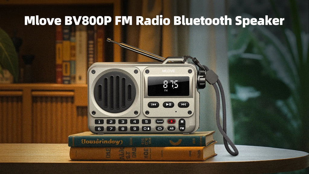 MLOVE BV800P Altavoz Bluetooth portátil con radio FM, reproductor de MP3, tarjeta USB/TF, AUX y antena: audio todo en uno para llevar
