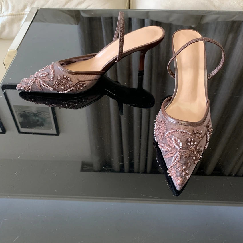 Sandalias de Tacón Alto con Malla Bordada y Cuentas para Mujer