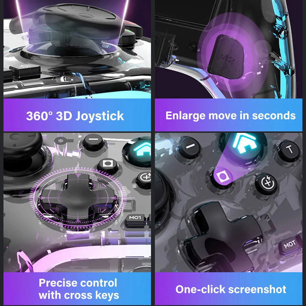 Controlador de juegos inalámbrico, controlador de juegos Bluetooth ergonómico con efecto de luz RGB para Switch, PS3, PS4, iPhone, teléfono Android, PC