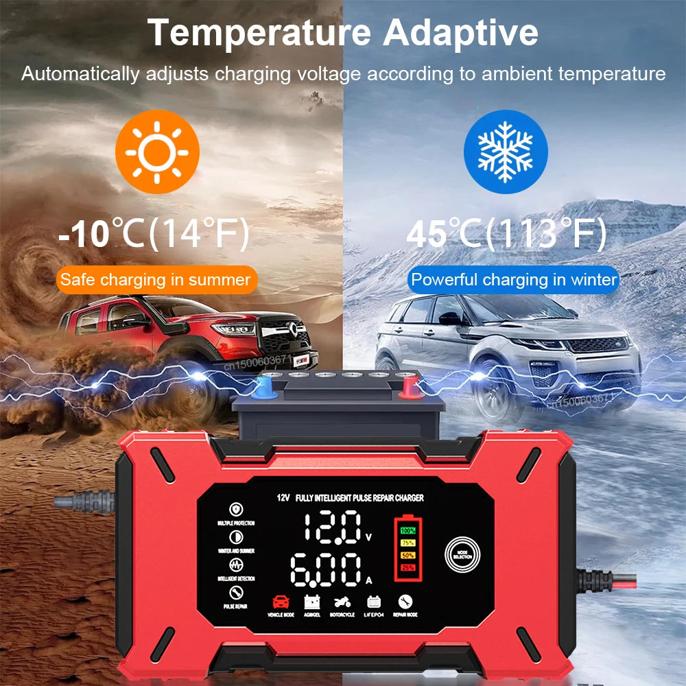 Cargador de batería inteligente 12V 6A con reparación por pulsos para autos y motos