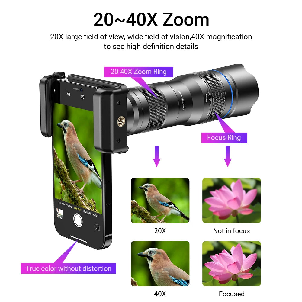 Teleobjetivo APEXEL 20-40X Zoom con Trípode para Smartphone